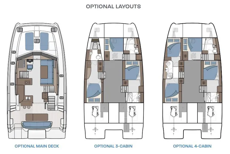 Slide: The Image of Manufacturer Provided Image: Optional layouts for 2026 Aquila 42 Yacht: main deck, 3-cabin, and 4-cabin configurations. - 14