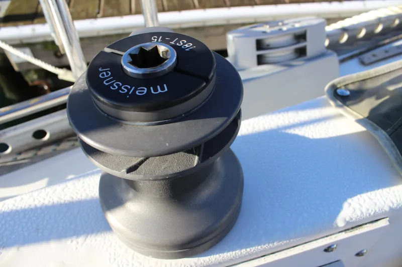 Slide: The Image of Winch on 1973 Nautor Swan 44 sailboat deck, featuring Meissner branding. - 23