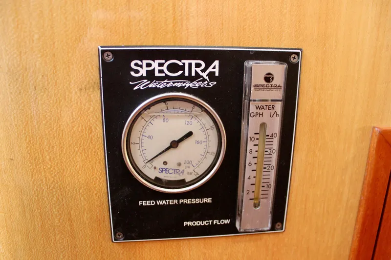 Slide: The Image of Spectra watermaker gauge on 1973 Nautor Swan 44 yacht, displaying feed water pressure. - 40