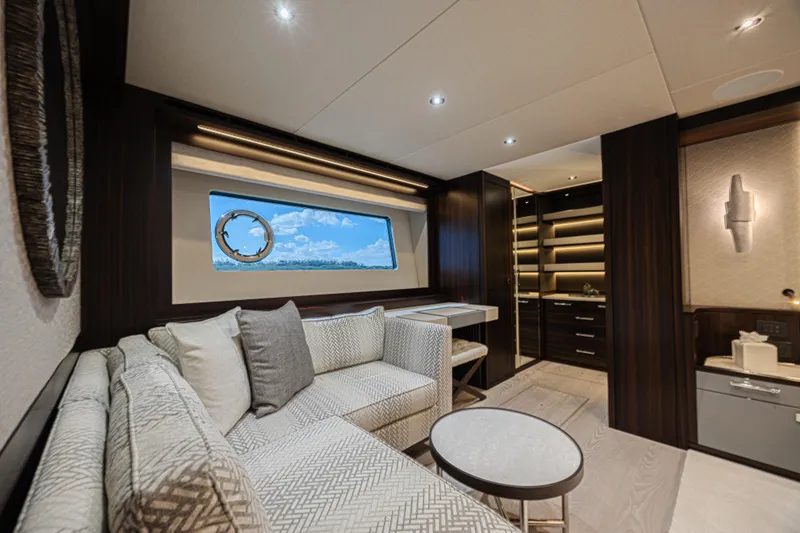 Slide: The Image of Luxurious interior of 2025 Sunseeker 88 Yacht with elegant seating and modern design. - 28