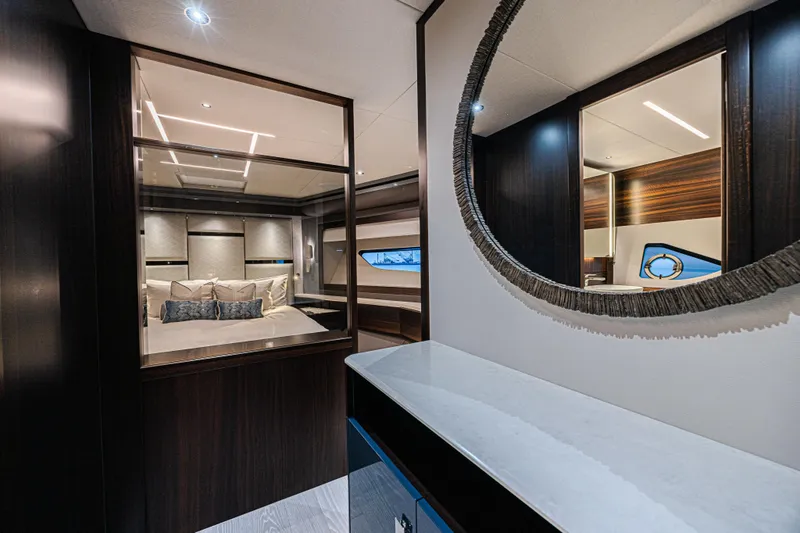Slide: The Image of Luxurious interior of 2025 Sunseeker 88 Yacht with elegant bedroom and modern design. - 36