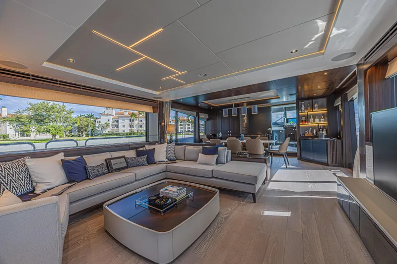 Slide: The Image of Luxurious interior of 2025 Sunseeker 88 Yacht with modern furnishings and elegant lighting. - 60