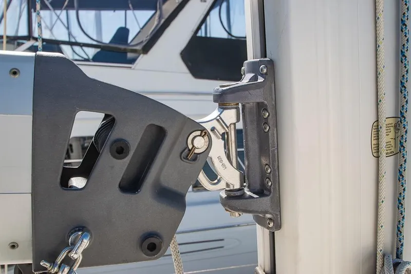 Slide: The Image of Close-up of Bavaria C45 yacht rigging, showcasing 2021 model's detailed hardware. - 80