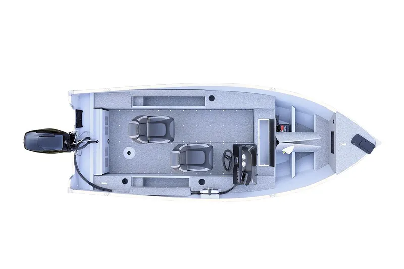 Slide: The Image of Manufacturer Provided Image: Top view of 2025 Lund 1600 Fury SS fishing boat with motor and seating. - 17