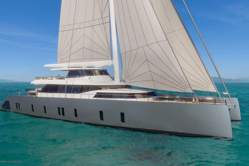 The Image of Futuristic 2028 Dynamic Project Garfield yacht sailing on turquoise ocean waters. - 0