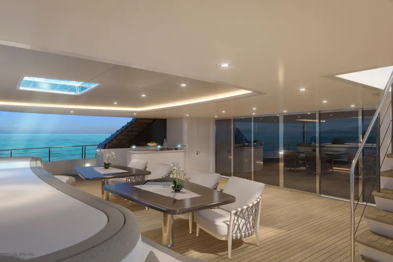 Slide: The Image of Luxurious yacht interior with modern design, featuring elegant seating and ocean views, Dynamic Project Garfield 2028. - 11