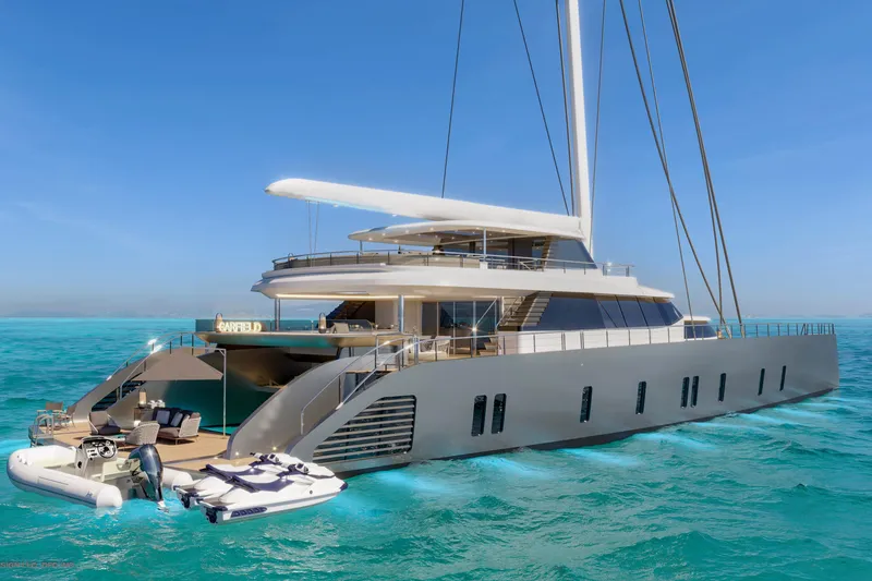 Slide: The Image of Futuristic luxury yacht "Project Garfield" by Dynamic, 2028 model, sailing in clear blue waters. - 2