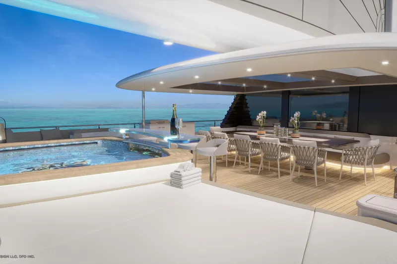 Slide: The Image of Luxurious yacht deck with pool, dining area, and ocean view, Dynamic Project Garfield 2028. - 5