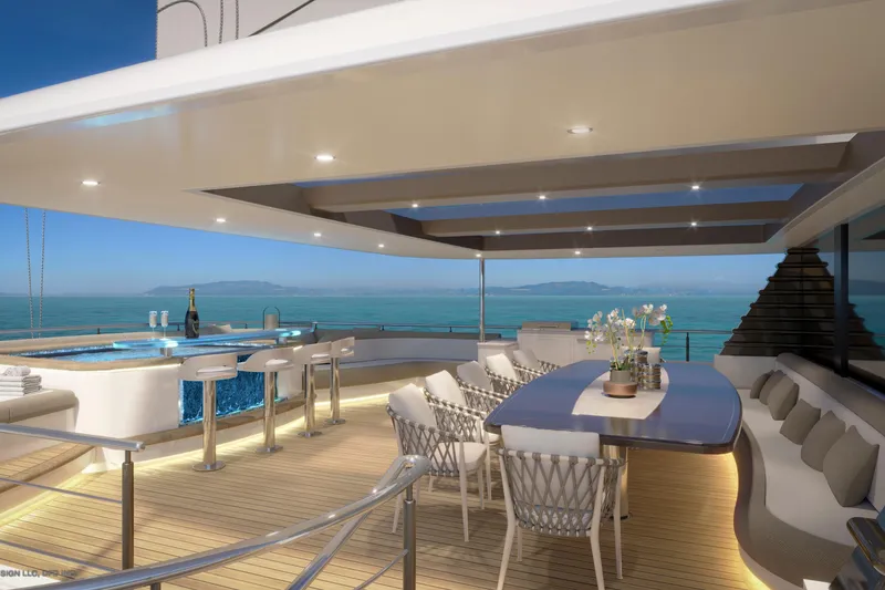 Slide: The Image of Luxurious yacht deck with elegant seating, bar, and ocean view; Dynamic Project Garfield 2028 model. - 6