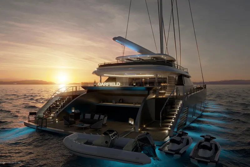 Slide: The Image of Luxurious Dynamic Project Garfield yacht at sunset, 2028 model, with glowing underwater lights. - 7