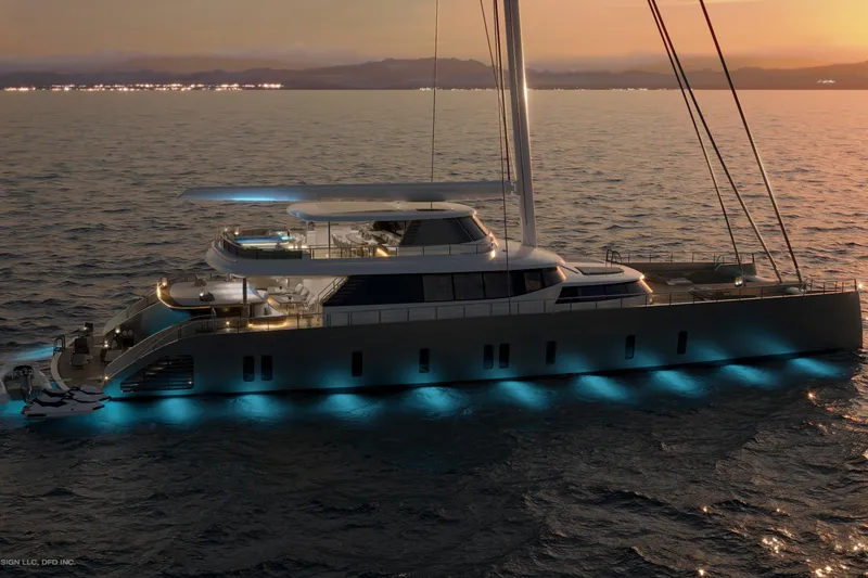 Slide: The Image of Luxurious Dynamic Project Garfield yacht, 2028 model, illuminated at sunset on the ocean. - 9
