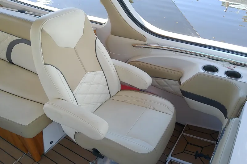 Slide: The Image of Luxurious interior of 2019 Floe Craft 3950C Aquafina boat with beige seating. - 58