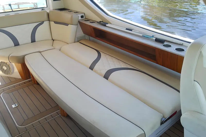Slide: The Image of 2019 Floe Craft 3950C Aquafina boat interior with luxurious seating and wood accents. - 60
