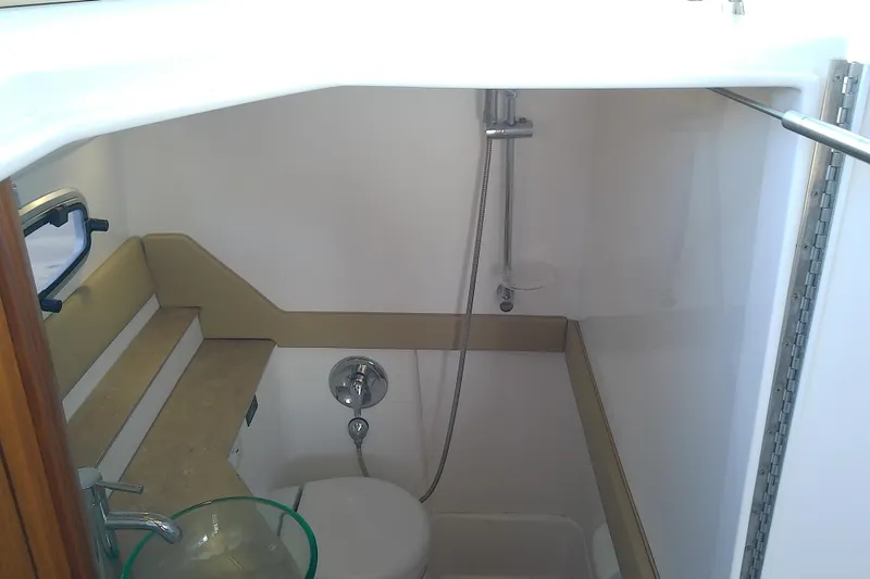 Slide: The Image of 2019 Floe Craft 3950C Aquafina boat bathroom with shower and sink. - 62