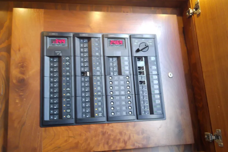 Slide: The Image of Electrical control panel in 2019 Floe Craft 3950C Aquafina boat, featuring digital displays and switches. - 68