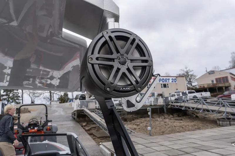 Slide: The Image of Close-up of JL Audio speaker on 2026 Scarab 285 LX Wake boat. - 27
