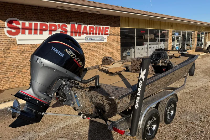 Slide: The Image of 2026 Xpress H20C Crappie boat with Yamaha engine at Shipp's Marine dealership. - 2