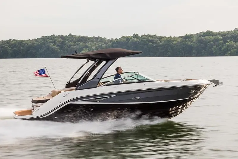 The Image of Manufacturer Provided Image: 2019 Sea Ray SLX 250 boat cruising on a lake with an American flag. - 0