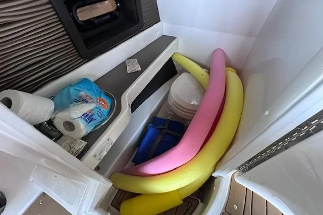 Slide: The Image of Storage area in a 2019 Sea Ray SLX 250 with pool noodles and cleaning supplies. - 15