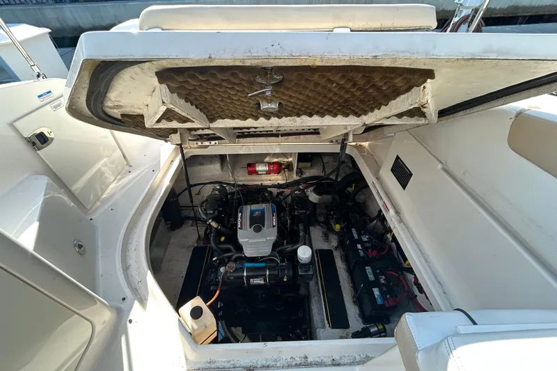 Slide: The Image of 2010 Sea Ray Sundancer 260 transom door with safety notice. - 49