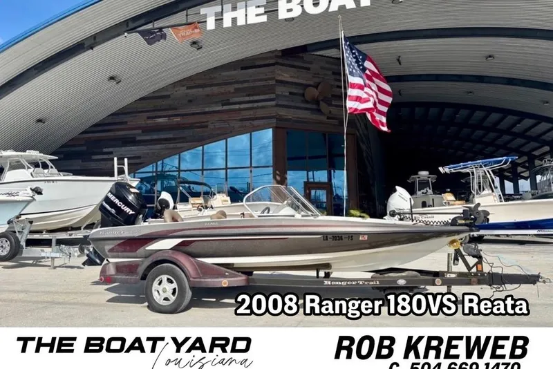 Slide: The Image of 2008 Ranger 180 Reata boat displayed at The Boat Yard, Louisiana, with American flag. - 16