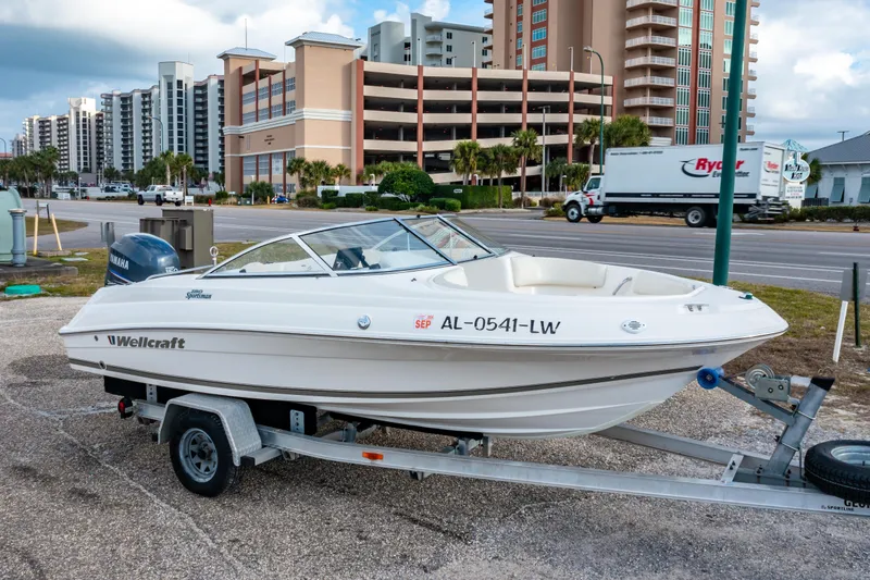Slide: The Image of 2008 Wellcraft 180 Sportsman boat on trailer, urban background with buildings and road. - 26
