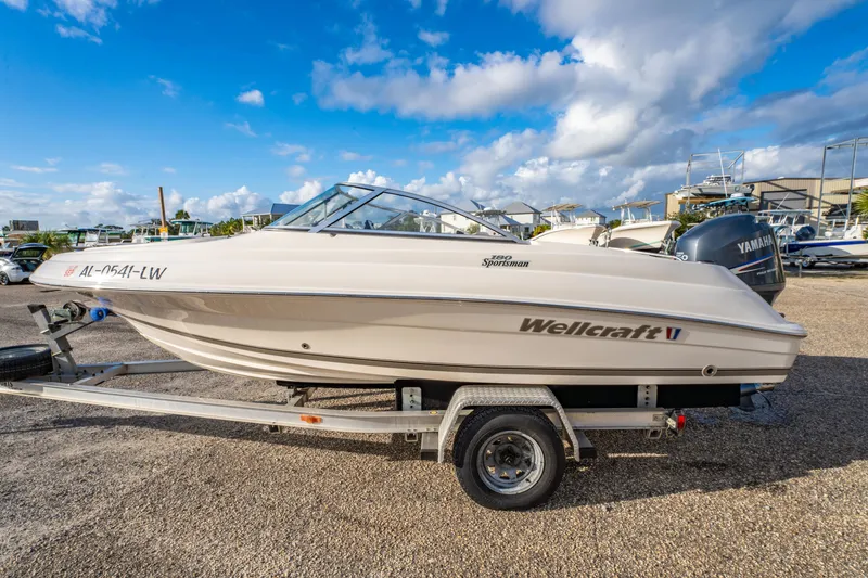 Slide: The Image of 2008 Wellcraft 180 Sportsman boat on trailer under a clear blue sky. - 8