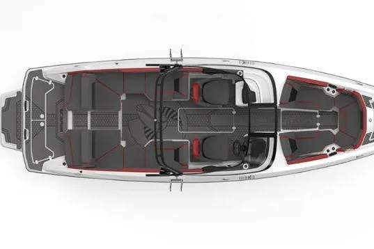 The Image of 2026 Scarab 255 LX Wake boat on trailer, red and black design, parked outdoors. - 11