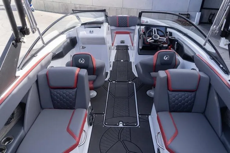 Slide: The Image of 2026 Scarab 255 LX Wake boat interior with modern seating and sleek design. - 15