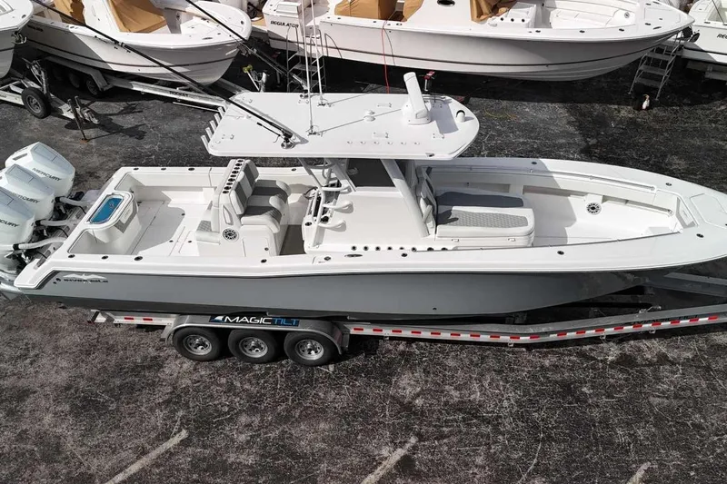 Slide: The Image of 2025 Invincible 36 Open Fisherman boat on trailer, aerial view. - 19