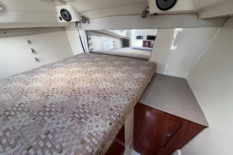 Slide: The Image of 2010 World Cat 290 EC cabin interior with patterned bedding and storage. - 26