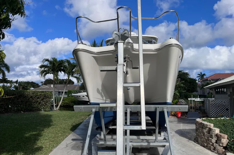 Slide: The Image of 2010 World Cat 290 EC boat on trailer, surrounded by palm trees and blue sky. - 7