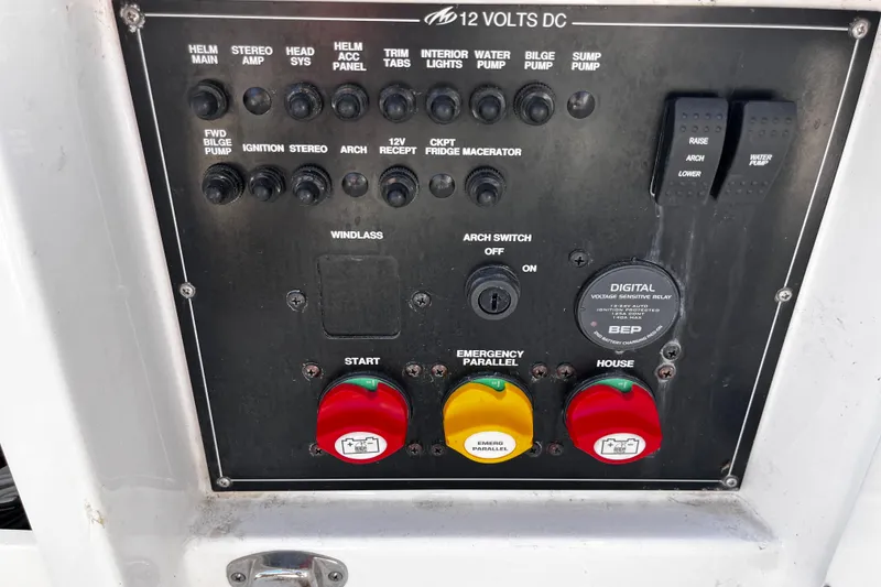 Slide: The Image of Control panel of a 2019 Monterey 298SS Super Sport boat with various switches and buttons. - 10