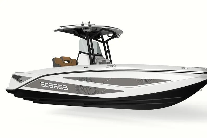 The Image of 2026 Scarab 255 Open LX Wake boat, sleek design, white and black color scheme. - 0