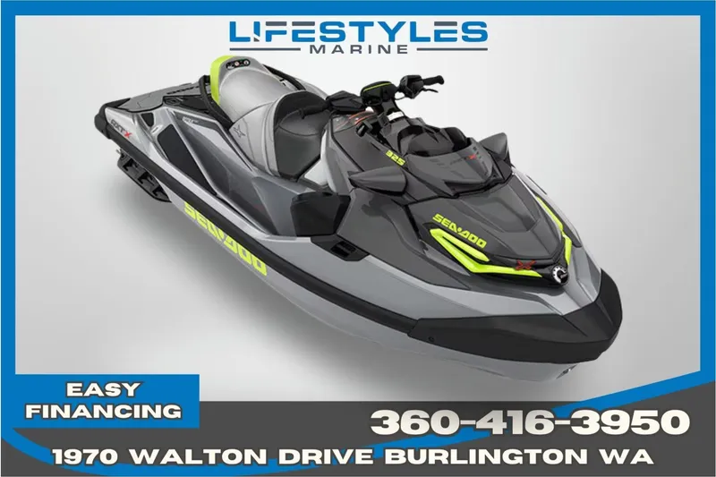 The Image of 2025 Sea-Doo RXT-X 325 jet ski, gray and yellow, available at Lifestyles Marine, Burlington WA. - 0