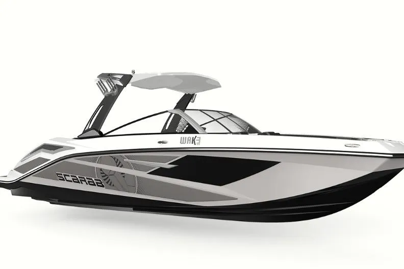 Slide: The Image of 2026 Scarab 285 LX Wake boat, sleek design, white and black color scheme, side view. - 10