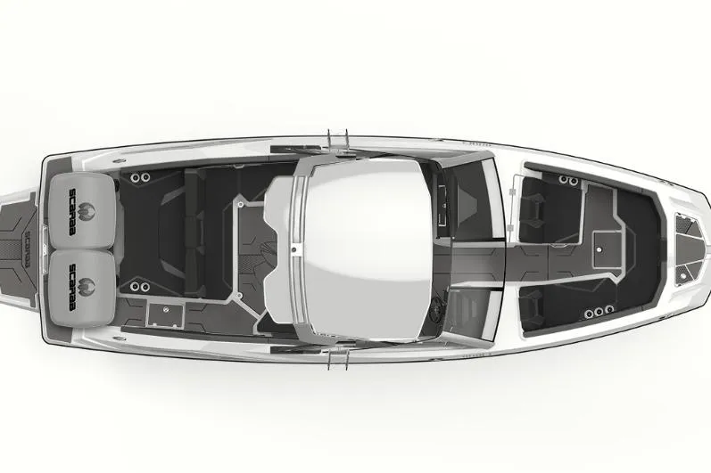 The Image of Top view of 2026 Scarab 285 LX Wake boat, showcasing sleek design and spacious layout. - 8
