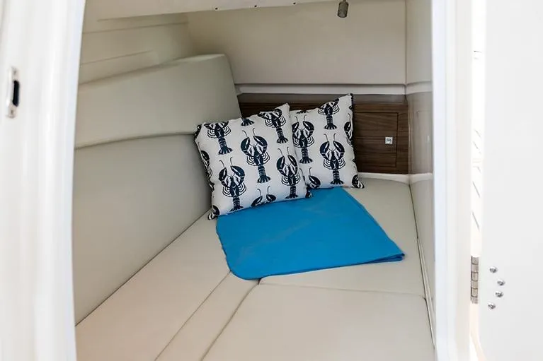 Slide: The Image of Manufacturer Provided Image: 2022 Boston Whaler 320 Vantage cabin with lobster-themed pillows and blue blanket. - 7