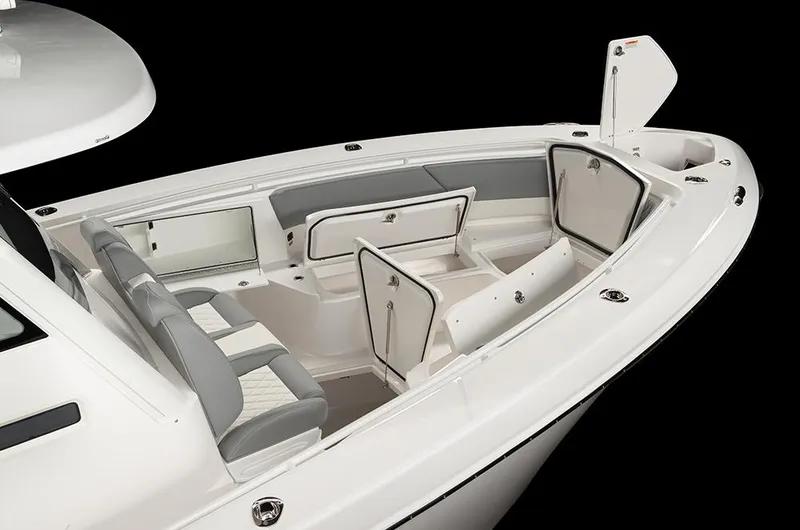 Slide: The Image of Manufacturer Provided Image: 2025 Everglades 335 Center Console boat with open storage compartments and seating. - 5