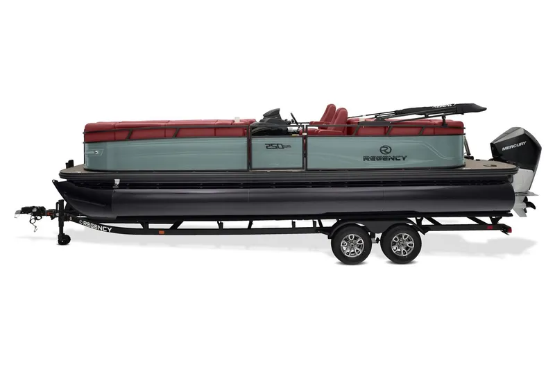 Slide: The Image of 2026 Regency 250 DL pontoon boat displayed indoors with maroon seating and black canopy. - 2