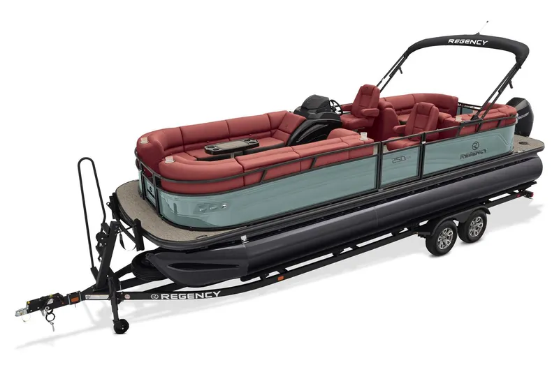 Slide: The Image of Luxurious red seating on a 2026 Regency 250 DL boat interior. - 3