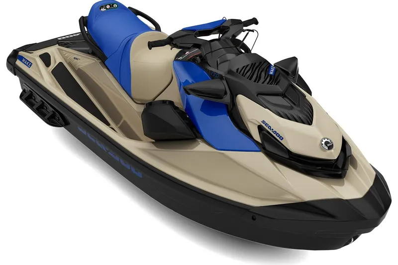 Slide: The Image of 2026 Sea-Doo Wake 170 jet ski, beige and blue design, front view. - 1