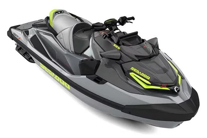 Slide: The Image of Manufacturer Provided Image: 2026 Sea-Doo RXT-X 325 jet ski in sleek gray and black design with neon accents. - 4