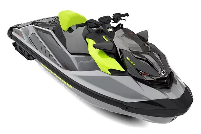 Slide: The Image of Manufacturer Provided Image: 2026 Sea-Doo RXP-X 325 jet ski, gray and neon yellow, sleek design. - 6