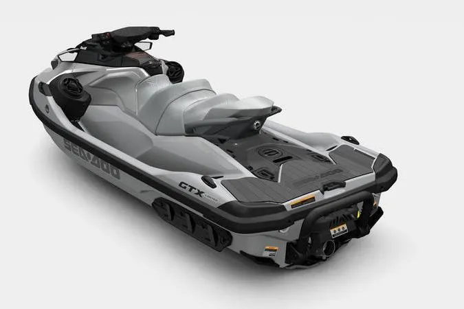 Slide: The Image of 2026 Sea-Doo GTX Limited 325 jet ski in sleek gray design, rear view. - 2