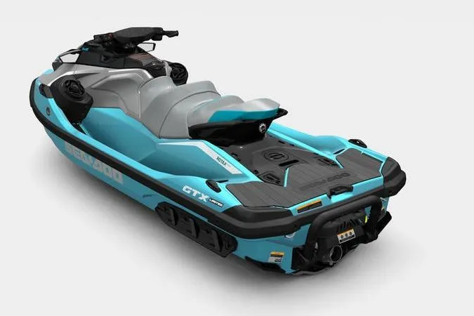 Slide: The Image of 2026 Sea-Doo GTX Limited 325 jet ski in blue and gray, rear view. - 2