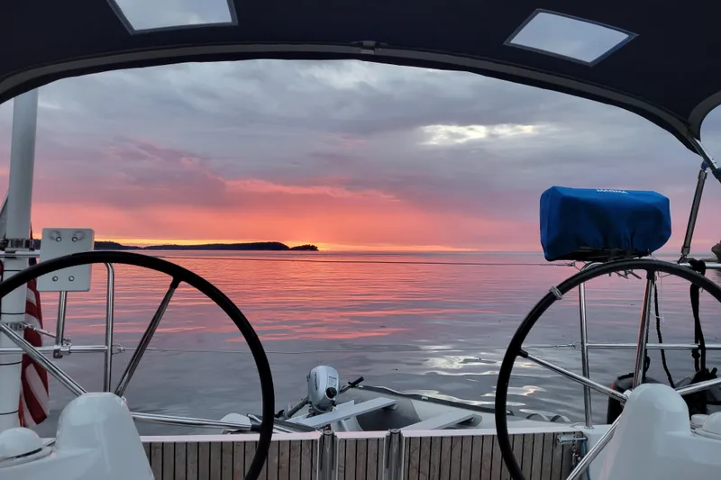 Slide: The Image of Jeanneau Sun Odyssey 349 sailboat at sunset, 2017 model, serene ocean view. - 29