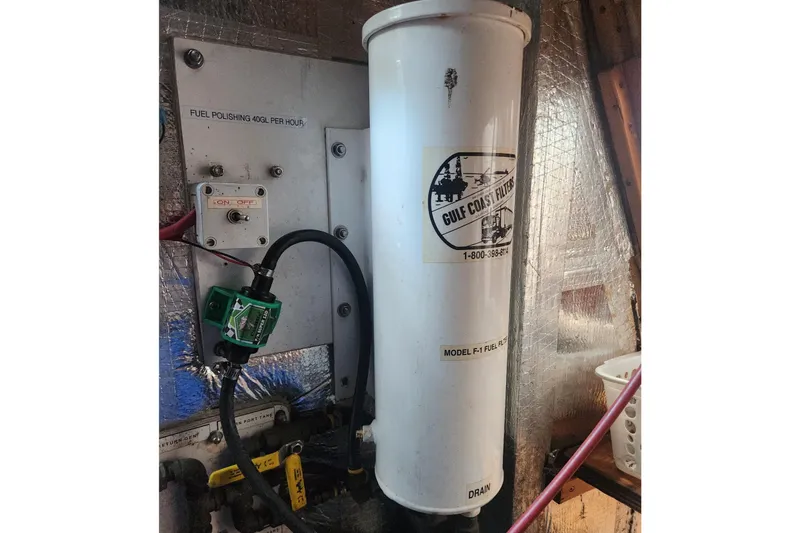 Slide: The Image of Fuel filter system in 1982 Tayana Center Cockpit Cutter Ketch, featuring Gulf Coast Filters. - 79