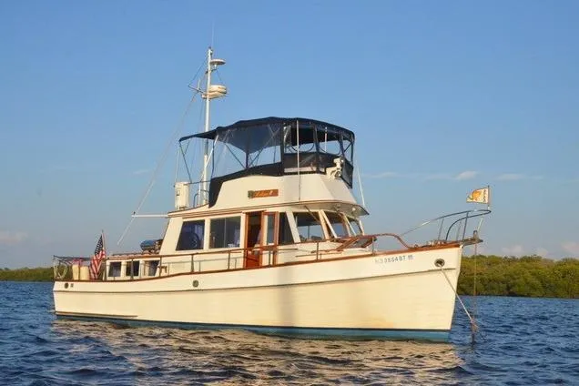 Slide: The Image of 1981 Grand Banks 36 Classic yacht on calm water under clear blue sky. - 2