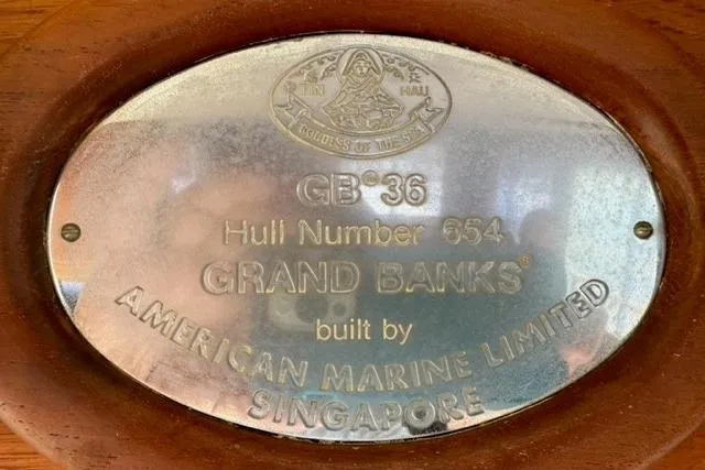 Slide: The Image of Plaque of 1981 Grand Banks 36 Classic, Hull Number 654, by American Marine Limited, Singapore. - 34